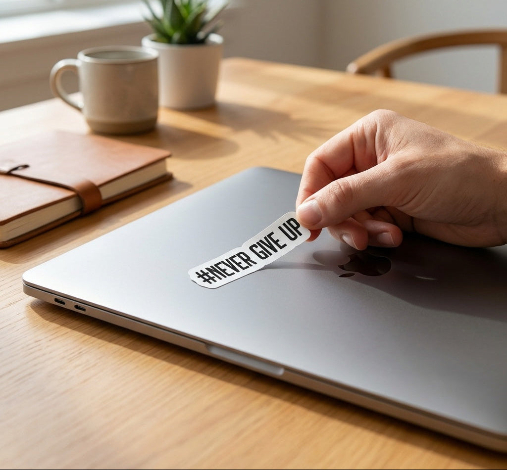 Hand placing a '#NEVER GIVE UP' sticker on a laptop with a desk and plants in the background.