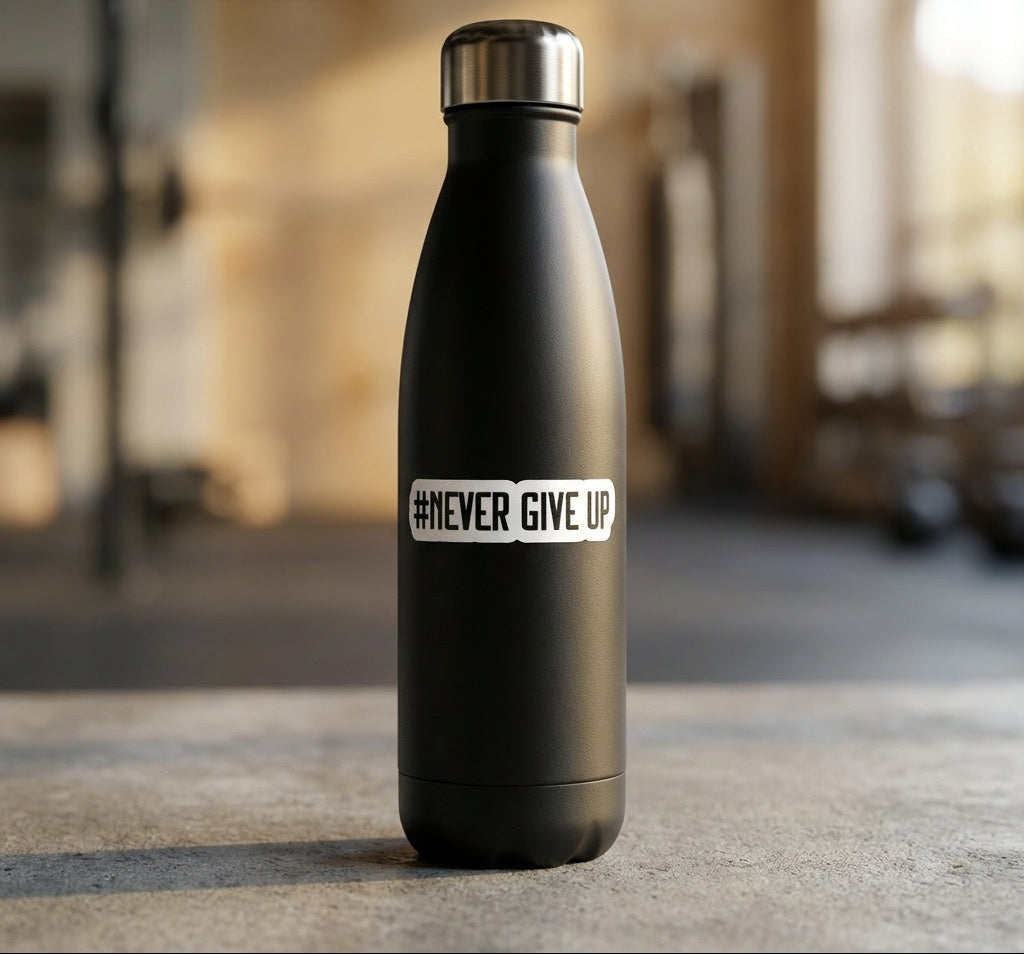 Black water bottle with '#NEVER GIVE UP' label in a gym setting